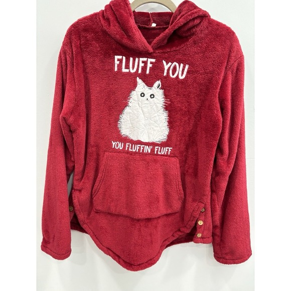 Red Fuzzy Hoodie Whiskers Sweatshirt "Fluff You" Cat Graphic Cozy M Cat Lady - Picture 4 of 10